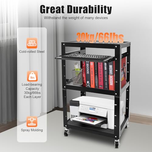 HIFMGHE Steel AV Cart, Metal Presentation Cart, Adjustable Height Rolling Large Media Carts with Pullout Keyboard Tray and Power for for Video Projector TV Laptop Computers Printers