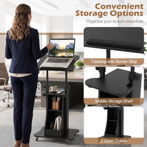 Tangkula Mobile Lectern Podium, Height Adjustable Podium Stand, Standing Sit-to-Stand Desk, Rolling Cart Laptop Desk with Swivel Top Movable Wheels & Storage