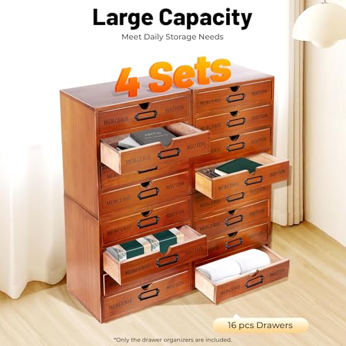 4-Pack Wooden Drawer Organizer 16 Drawers, Retro Desktop Storage Box, Expandable Desk Drawer Organizer with Metal Label Holders for Cosmetics Jewelry Office Supplies Vanity& Makeup