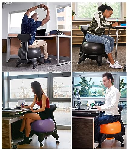 Home Gym Balance Ball Chair with Back Support, Adults Office Exercise Ball Chair, Rolling Balance Posture Chair, Anti-Burst Gray Yoga Ball, Base & Pump