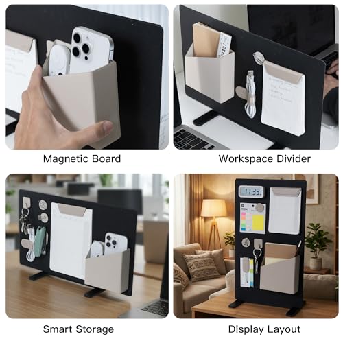 LHiDS Magnetic Desk Organizer Divider, 16.5" Metal Desktop Stand with Board, Paper Holder & Key Hooks, Foldable Storage Box, Desk Accessories for Home Office