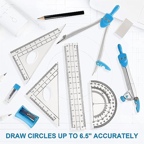 OREKPOT Compass Geometry Tool 10 Piece Geometry Kit, Math Tools Kit with Compasses, Protractor, Pencil, Triangle, Lead Refills for Students and Engineering Drawing Circle Drawing