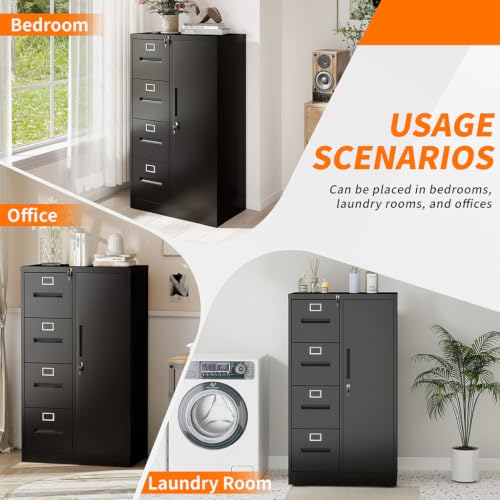 LMAOSS 4 Drawer File Cabinet with Lock, Vertical File Cabinet with Lock, 1 Door, Shelves and Adjustable Hanging Rails, Metal Storage Cabinets for Home, Office, Garage, School,Black