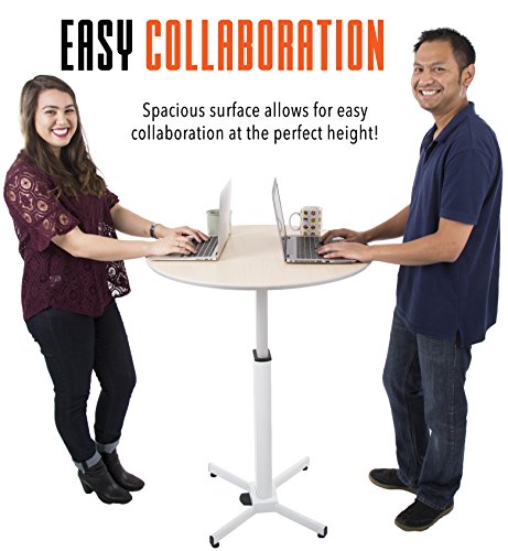 Stand Steady Adjustable Height Round Table - Ergonomic Sit to Stand Desk, Side Table, High Top Cocktail Cafe Table - Ideal for Saving Space and Comfortable Sitting (White/Maple, 31.5in x 28-42.5in)