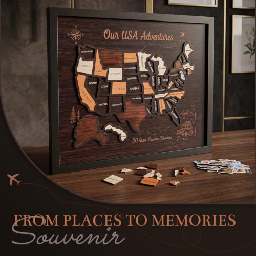 Wooden USA Travel Map Puzzle, 15x12 States Visited Map Tracker, US Travel Map to Mark Places Visited, United States Wall Decor Gift for Couples Families