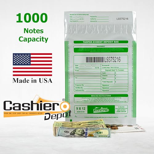 500 Cashier Depot Tamper Evident Bank Deposit Bags, 9" x 12" White Opaque, 500 Count, Serialized Numbering with Barcode, Press and Seal Void Closure, Perforated Receipt, Made in USA