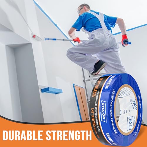 STIX-ON Painters Tape 1.5 inch Wide, 24 Roll Painting Tape, Blue Masking Tape for Painting Walls, DIY, Surface-Safe & Residue-Free, Edge Paint, 1.41 Inch X 60 Yards X 24 Rolls, Bulk
