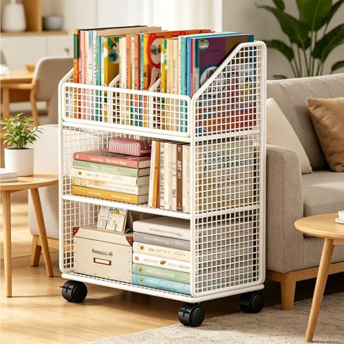 Rolling Book Cart with Wheels, 3 Tier Metal Movable Storage Bookshelves, Narrow Clear File Folder Organizer Cart, Multifunctional Storage Rack for Office School Bedroom(White)