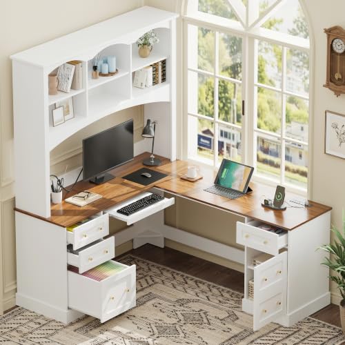 roomfitters L Shaped Computer Desk with Arched Hutch, Farmhouse Corner Writing Workstation Dual Charging Station, White