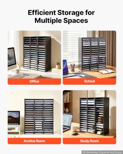 VEVOR Wood Literature Organizer 48 Compartments Office Mailboxes Black | Countertop Literature Sorter for Files Documents Papers, with Adjustable Shelves, for Office, Home, Classroom Organization