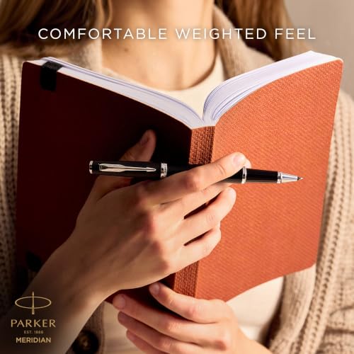 PARKER Meridian Rollerball Pen | Matte Black Lacquer with Chrome Trims | Fine Nib | Handwriting Pens & Stationery Supplies | Black Ink | Luxury Gift Box