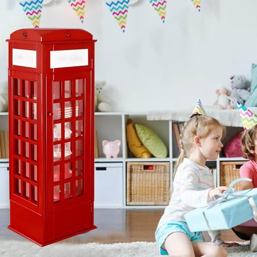 LJLYYDS Wooden Telephone Standing Bookshelf Vintage,5-Tier Wood London Telephones Booth Storage Shelf Cube,Floor Standing Telephone Booth Bookshelf with Acrylic Door for bookstores Red