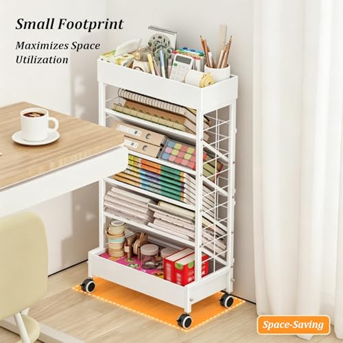 Rolling Library Book Cart, Movable 6-Layer Storage Rack with Wheels, Carbon Steel Shelf, Space Saving Narrow File Folder Organizer Cart for Study Office Classroom(Black)