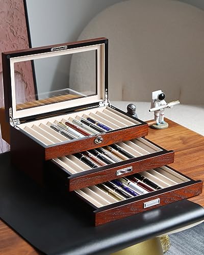 Besforu wood pen display case 36 slot Fountain pen Box storage Organizer with drawer, Top Glass Window Pen Collection Display Case