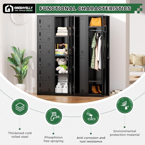 Greenvelly Metal Locker, 6-Tier Metal Lockers for Employees with Locking Doors, Lockable Steel Locker Storage for Office, School, Gym, Home (Black)
