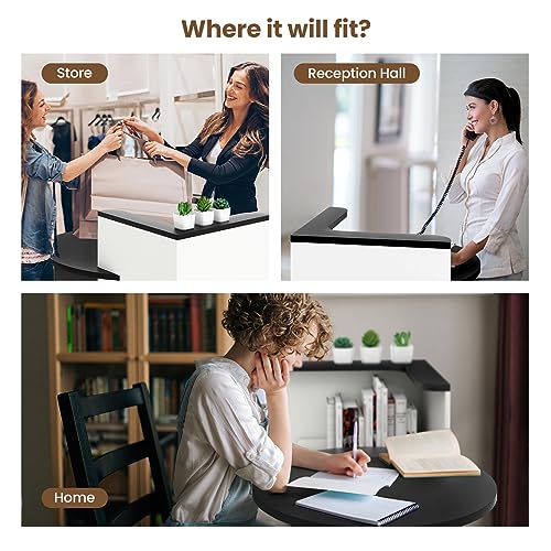 Reception Desk, Retail Counter Desk with Lockable Drawer, 3-Level Adjustable Shelf & Oval Desktop, Checkout Front Counter, L-Shaped Office Desk for Company, Lobby & Store
