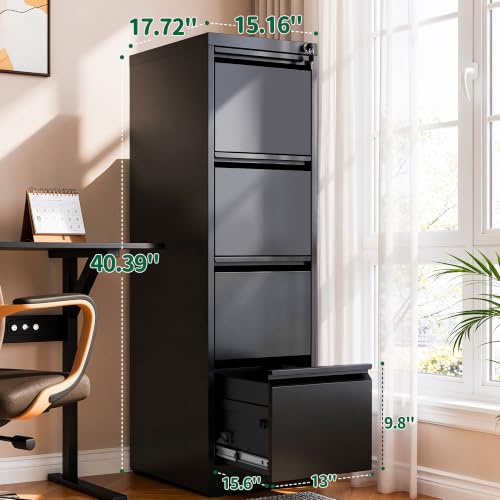 VIYET File Cabinet 4 Drawer with Lock, Vertical Filing Cabinets for Home Office, Metal Steel Storage Cabinet for Letter/Legal Size File, Assembly Required(Black)