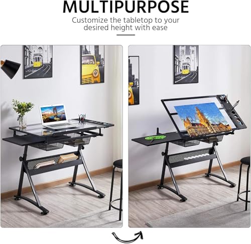 LALFPET Adjustable Height Glass Top Drawing Table - Tiltable Desktop - Storage Drawers - Extra Side Desktop and Stool - Folding Artist Craft Desk for Adults - Black