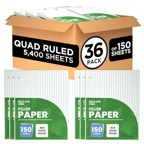Graph Paper Loose Leaf Paper Quad Ruled Notebook Paper Quad Ruled 4” x 4” Square Lined Writing Filler Paper 10.5” x 8” 5400 Sheets 150 Sheets Per Pack 60 gsm (36 Pack)