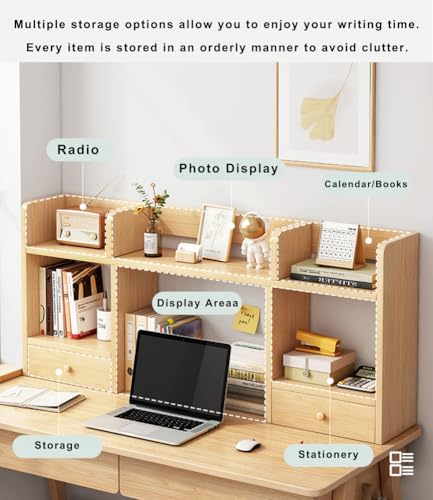 TBQATNTS Wooden Desk Bookshelf with Drawers, Multi-Layer Storage Hutch Organizer, Strong Load-Bearing Desktop Display Rack for Dorm Rooms, Study Desks, and Offices,Walnut,80 * 16 * 52cm
