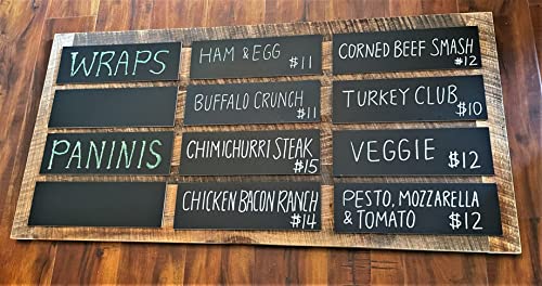 Classy Menu Chalkboard System in 48" x 34” Genuine Reclaimed/Barn Wood Frame. 18 Peel-and-Stick REPOSITIONABLE Black Boards. Menus, Lists. Restaurants, Office, Homes. for Regular and Liquid Chalk.