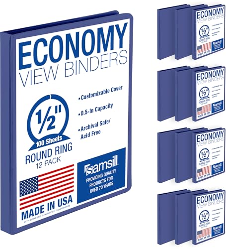 Samsill 0.5 Inch 3 Ring Binders, Economy Round Ring, Clear View Cover, 100 Sheet Capacity - for School, Home, Office - Blue, 12 Pack