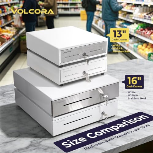 Volcora 16" Push Open Cash Register Drawer for Point of Sale (POS) System, Partial Removable White Heavy Duty Till with 5 Bills/8 Coin Slots, Key Lock and Double Media Slots