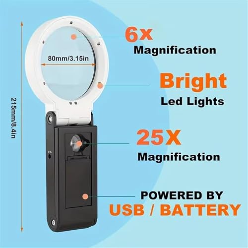 EUQKKWLOY 6X 25X Folding Magnifier with Light Handheld Magnifying Glass Suitable for Reading Work