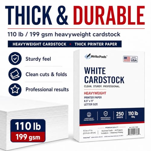 Kaisa White Cardstock 8.5 x 11”, 110LB/199GSM Heavyweight Card Stock, 250 Sheets, Thick Cardstock Printer Paper for Copy, Printing, Art Projects, Invitations, Made In USA (250, White-250)