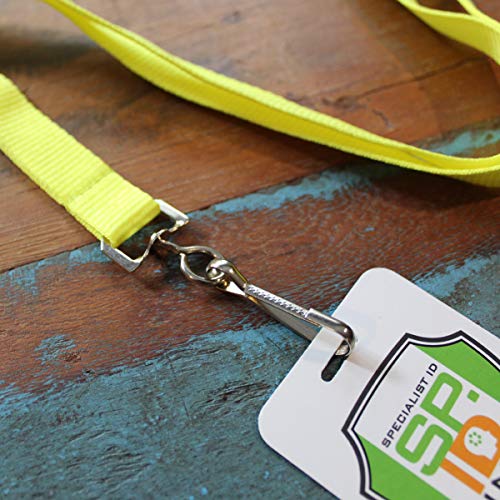 Specialist ID Bulk 100 Pack - Bright Wide Neon Yellow Lanyards for Name Badges with Safety Breakaway Neck Clasp & ID Badge Holder J Clip - High Visibility Neon for Name Tag, Keys, Cruise, Student ID