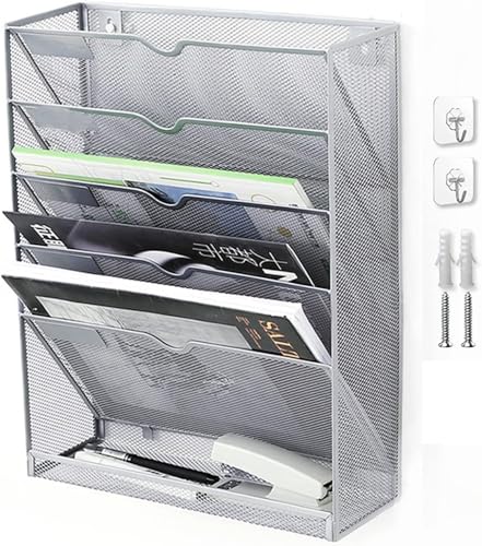 DOIBG 5 Tier Vertical Wall File Organizer Metal Mesh Wall Mount Hanging File Holder with Hanging Hole Paper Document Magazine Rack for Office Home School, Silver