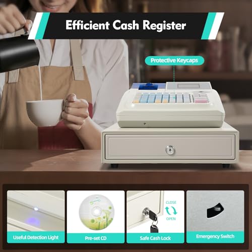 Electronic Cash Register, 48 Keys 35W Cash Register for Small Businesses with with 2.4in/s Printing Speed Cash Management System for Restaurant Supermarket Retail 8-Digits LED Display White
