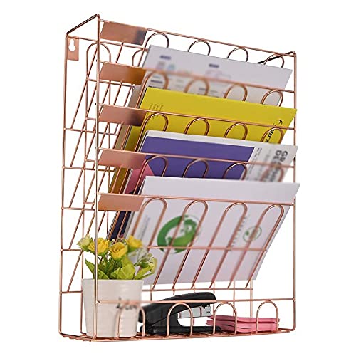 NSUQOA JSEIAJB Hanging File 6 Tier Wall Mount File Organizer Hanging Wall File for Office，School, Home, Rose Gold