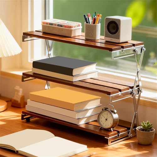 VHDY85KA Bookcase Foldable Three Layer Bookshelf Tabletop Storage Rack for Living Room Bedroom Office Modern