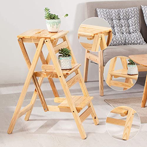 LWJQRSP Folding 3-Step Ladder Stool, Multifunction Wood Step Stool, 3-in-1 with Ladder, Stool and Storage Shelf, (A)