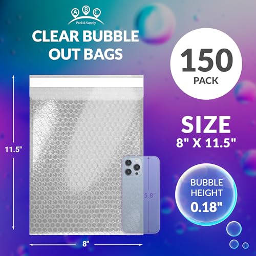 ABC PACK & SUPPLY Bubble Wrap Pouches, 8 x 11.5 Inch Clear Self Seal Packing Bags, Polyethylene Cushioning Sleeves for Shipping, Moving, Storage, Pack of 150