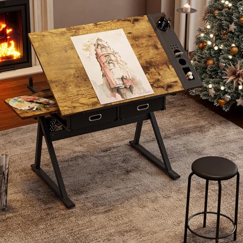 Thctvous Drafting Table& Art Desk, Adjustable Drawing Table with Storage for Adults, 2 Drawers, Tilting Tabletop, Suitable for Art Studio Home Office School (Rustic Brown)