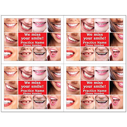 Custom Recall 4 Up Laser Reminder Postcards for Dental. Personalized front for your practice. 4 Cards Perforated for Tear-off at 4.25" x 5.5" on an 8.5" x 11" Sheet of 8 Pt Card Stock.