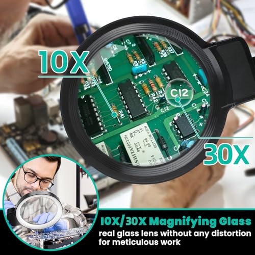 GOI 10X/30X Magnifying Glass with Light and Stand, 2-in-1 Magnifying Floor Lamp with 72 Adjustable Brightness LED Lamp Bulbs, Flexible Standing Magnifying Lamp