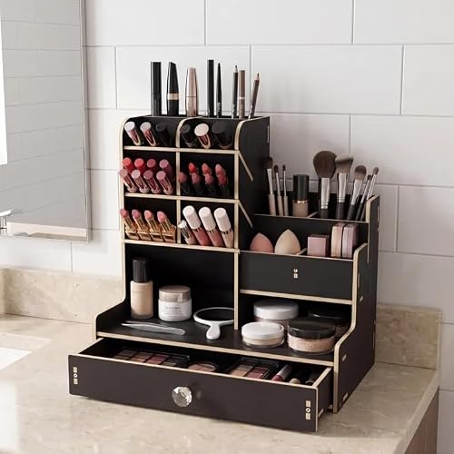 GHCUHJ Natural Bamboo Desk Organizer, Multi-Compartment Storage Caddy with Drawer, Desktop Organizer for Office Supplies, Makeup, Stationery, Home & Office Use