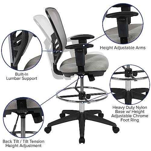 Flash Furniture Mid-Back Mesh Drafting Chair, with Arms, Light Gray