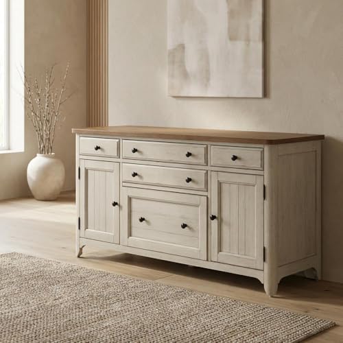 Bison office Antique White Farmhouse Credenza, Chestnut Top, Pine Solids, Hickory Veneers, Spacious Storage and Durable Wood Build
