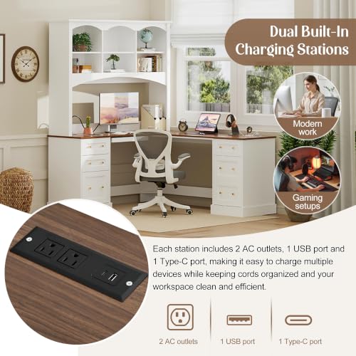 roomfitters L Shaped Computer Desk with Arched Hutch, Farmhouse Corner Writing Workstation Dual Charging Station, White