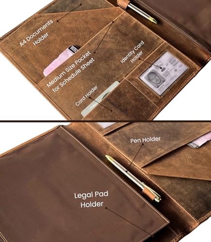Leather Business Portfolio by Rustic Town | A4 Conference Folder Gift for Men & Women | Handmade Durable Leather Padfolio 3 + 1 Sleeves for Documents and Notepad