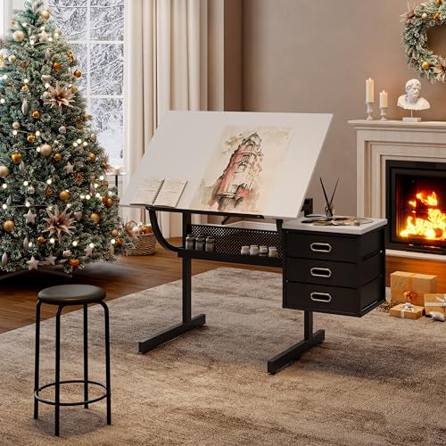 GDFStudio Adjustable Craft Table with Stool & 3 Storage Drawers, Tilting Art Drafting Table for Crafting Drawing Writing, Diamond Painting Desk Workstation for Artists Home Office School, White