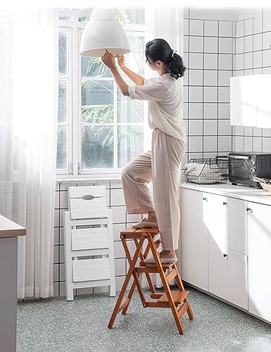 Bidesen 3-Step Folding Ladder Stool - 330 lb Capacity, Solid Pine Wood, Anti-Slip Steps, Space-Saving Foldable Design for Home Kitchen - Lightweight Step Stool for Adults
