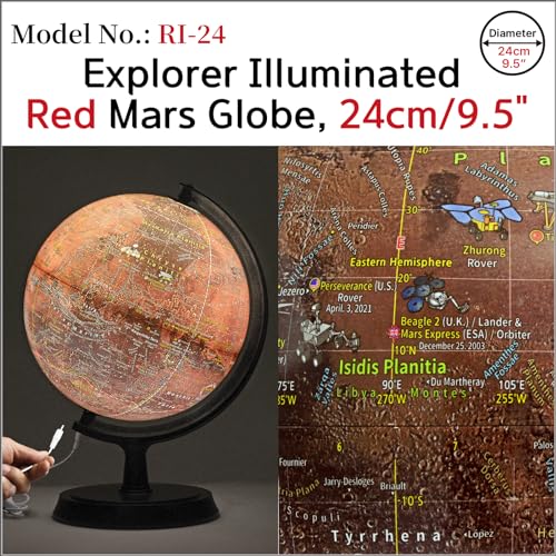Mapsoft Explorer Illuminated Red Mars Globe, 24cm/9.5", RI-24, Mars Map, Mars Atlas, Mars Poster, Red Planet