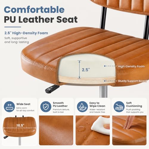 Simple Deluxe Armless Drafting Chair, Low Back PU Leather Office Seat with Footrest Ring, Swivel Rolling Stool for Standing Desk, Studio, Lab, Counter and Small Spaces, Brown