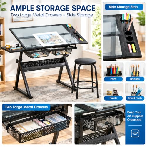 AnoYishev Adjustable Drafting Table with Stool, Tempered Glass Desktop