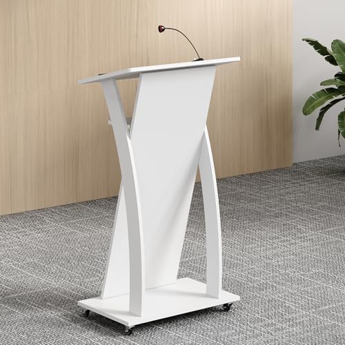 xibolai Mobile Wooden Podium Stand with Wheels Lectern White 16MM Wood Board Elegant Design Wooden Churche Pulpit